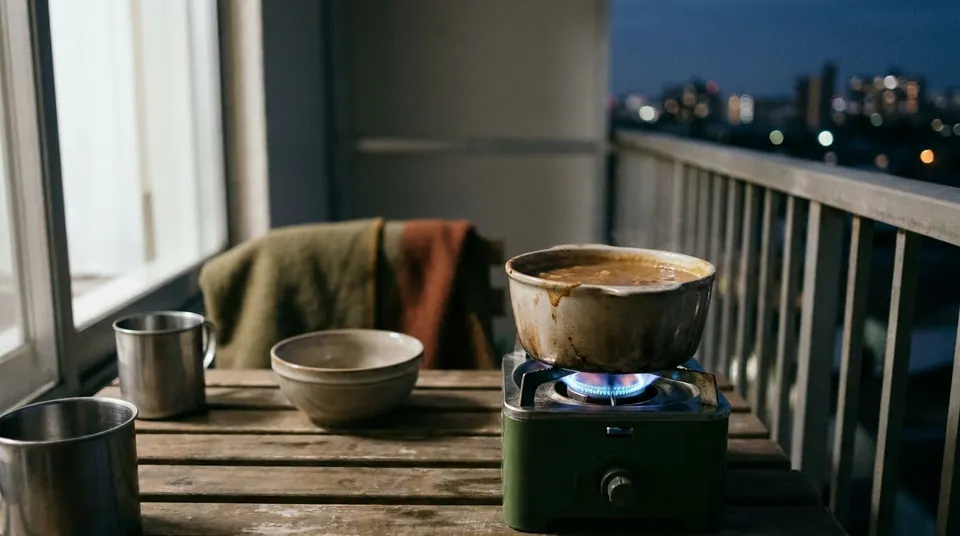 Camp stove cooking soup on a balcony table at dusk