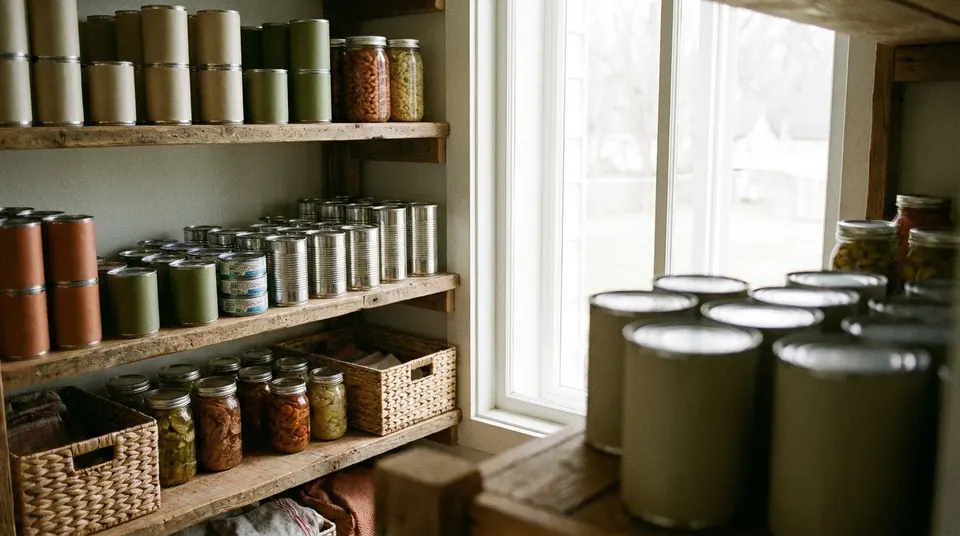 Rows of canned soups, beans, tuna and vegetables on pantry shelves