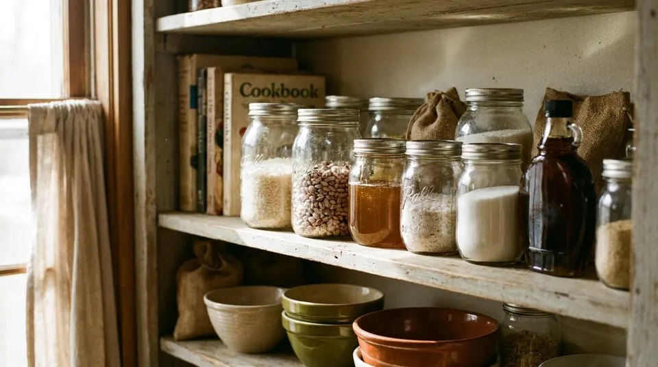 Pantry shelf with glass jars of rice, dried beans, honey, salt and sugar