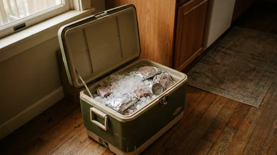 Cooler packed with ice and frozen meat with an appliance thermometer