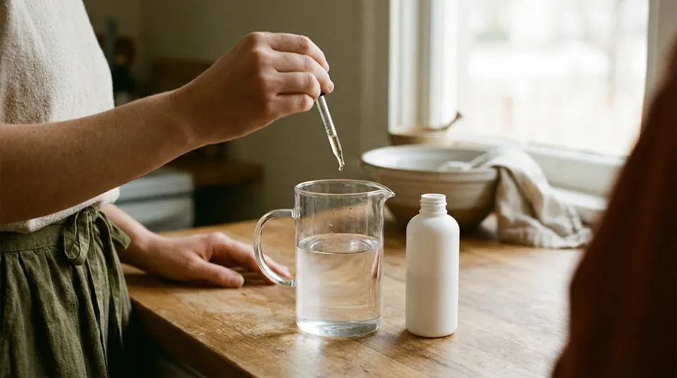 Eyedropper adding drops of bleach to a jug of water