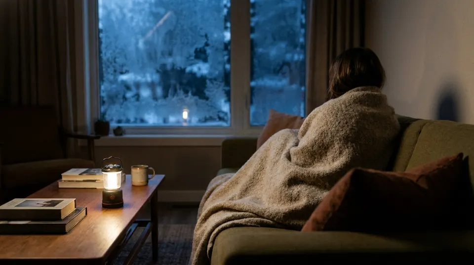 Person wrapped in a wool blanket on a sofa during a winter power outage, lit by a lantern