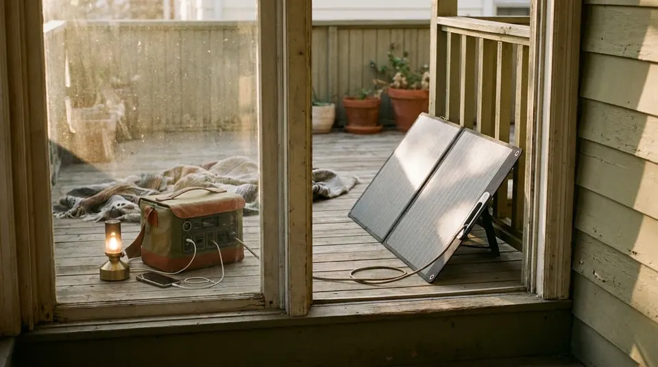 Portable power station charging from a folding solar panel on a porch