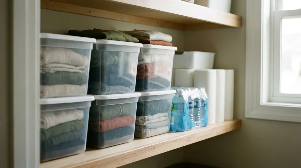 Hallway closet shelf stocked with storage bins, bottled water and paper towels
