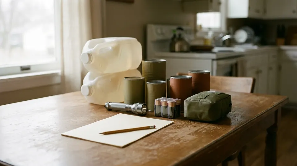 Starter emergency kit on a kitchen table: water jugs, canned food, flashlight and a paper checklist