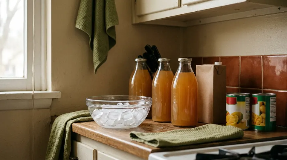 Canned fruit, shelf-stable milk, juice and melting ice on a counter