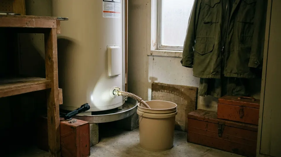 Home water heater tank with a hose on the drain valve and a bucket
