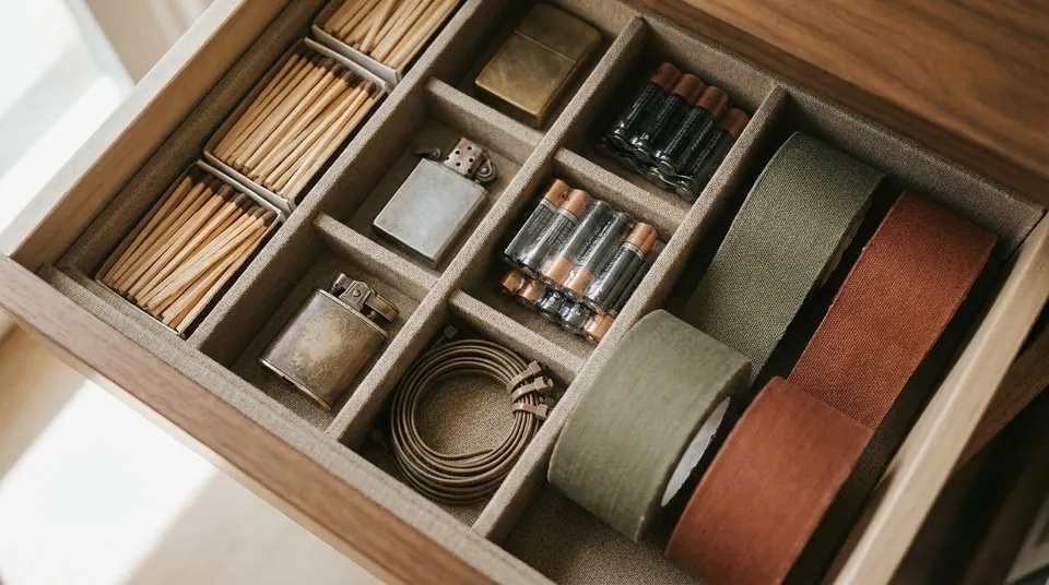 Drawer organizer with matches, lighters, batteries, zip ties and duct tape