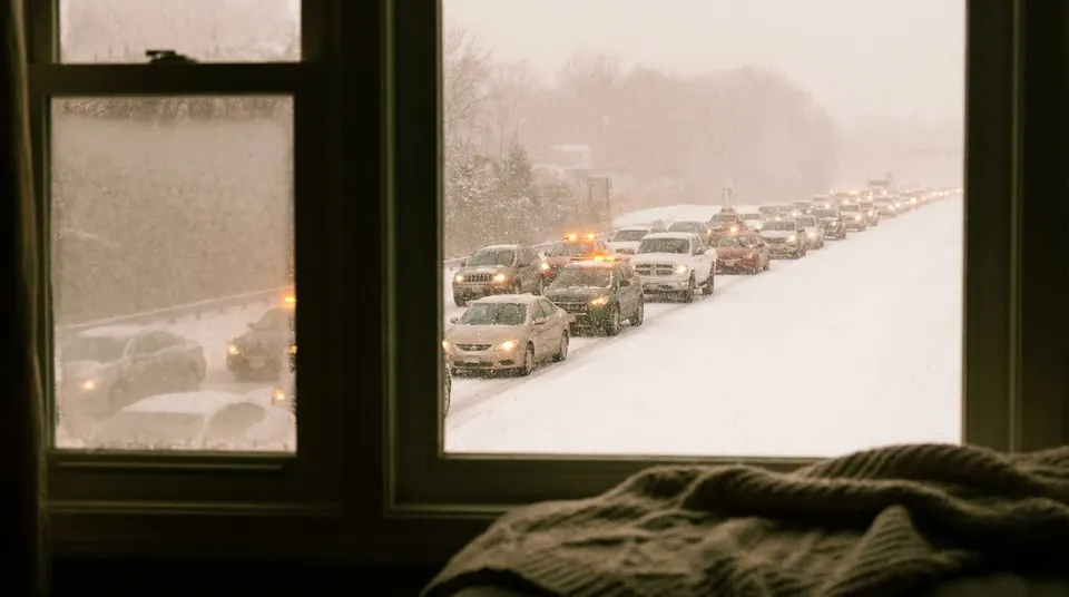 Cars stopped on a snow-covered highway at dusk with hazard lights on